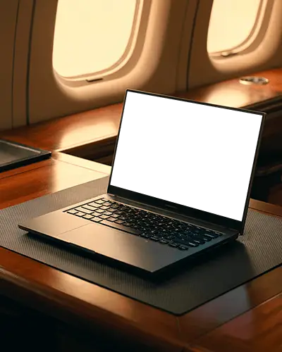 Luxury Airplane Laptop Mockup Premium Device On Wooden Table Next To Cabin Windows