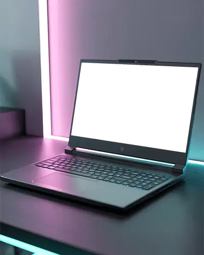 Rgb Lit Gaming Laptop Mockup Modern Device On Desk With Neon Pink And Blue Backlighting