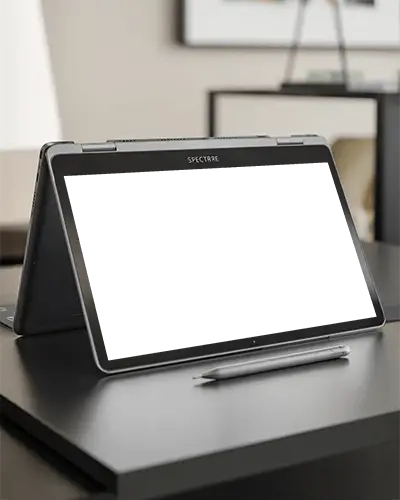 Elegant Workspace Laptop Mockup Spectre 2 In 1 Device On Clean Surface With Stylus Pen