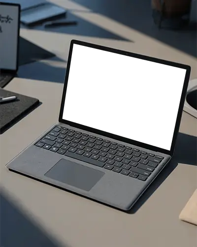Minimalist Office Laptop Mockup Sleek Grey Device On Modern Desk In Natural Sunlight