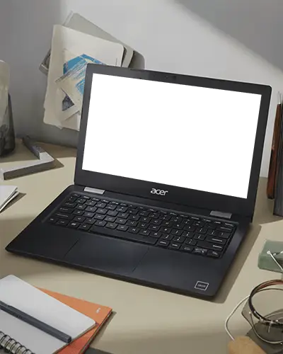 Sunlight Studio Laptop Mockup Acer Device On Warm Toned Desk With Scattered Documents