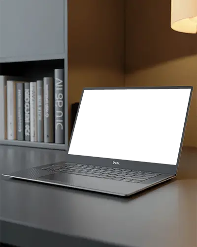 Modern Office Laptop Mockup Dell Device On Dark Desk With Bookshelf And Ambient Lamp