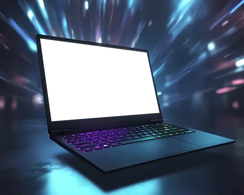 Futuristic Rgb Laptop Mockup Gaming Device With Color Keyboard Against Neon Light Streaks