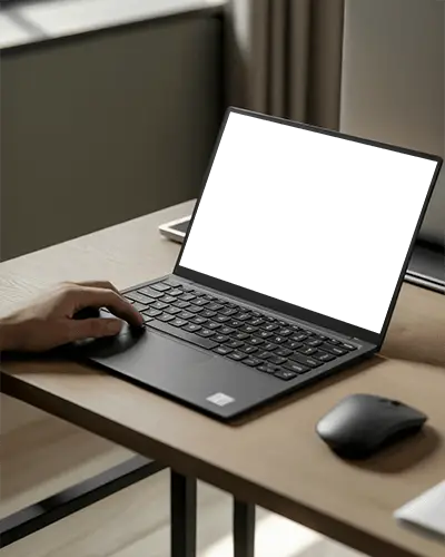 Minimal Wooden Desk Laptop Mockup Hand On Keyboard In Soft Daylight Home Office Setting