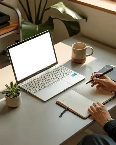 Elegant Home Desk Laptop Mockup Laptop On Light Desk With Mug Succulent And Notebook