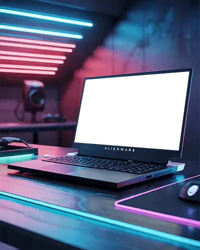 Alienware Gaming Laptop Mockup Rgb Lit Setup With Neon Lights And Futuristic Desk Design