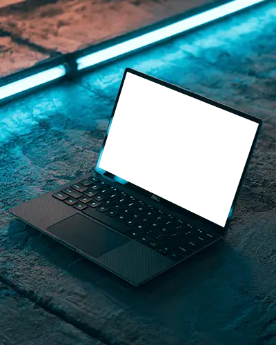 Futuristic Ambience Laptop Mockup Sleek Dell Device On Concrete Surface Under Led Glow