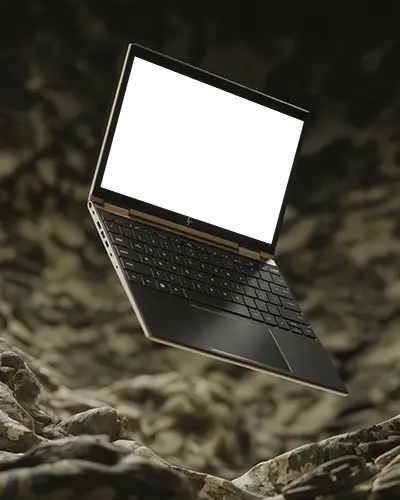 Military Inspired Laptop Mockup Hp Ultrabook In Air Over Camo Textile Surface