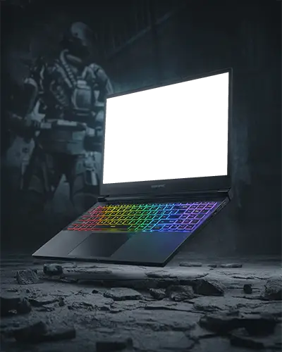 Dystopian Scene Laptop Mockup Rainbow Lit Keyboard In War Zone Themed Digital Setting