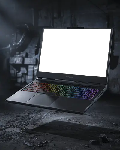 Grunge Scene Laptop Mockup Floating Gaming Device In Mechanical Factory Light Setup