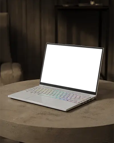 luxury-setup-laptop-mockup-rgb-keyboard-laptop-on-stylish-concrete-round-table