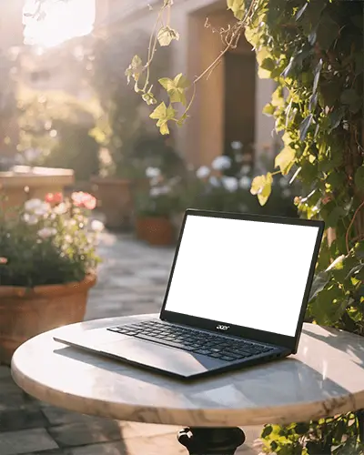 sun-kissed-garden-acer-laptop-mockup-on-marble-table-amidst-greenery-and-floral-decor