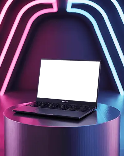 High Resolution Laptop Mockup Display With Keyboard And Large Screen On Round Podium