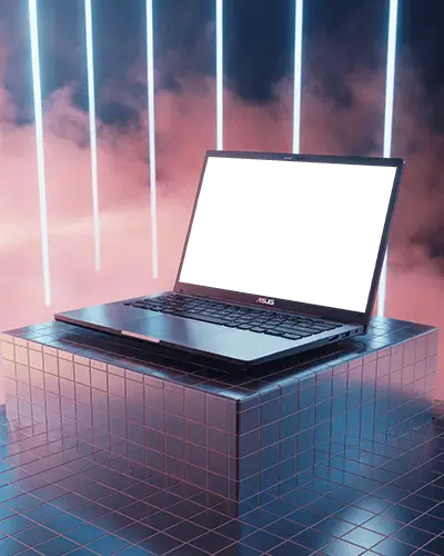 Asus Laptop Mockup On Geometric Platform With Glowing Lights And Futuristic Background