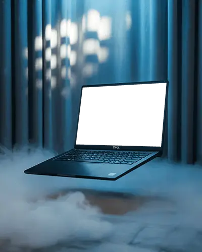 Floating Dell Laptop Mockup With Black Screen Showcasing Digital Device In Foggy Setting