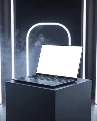 Monochrome Archway Dell Laptop Mockup On Matte Pedestal With White Neon Fog