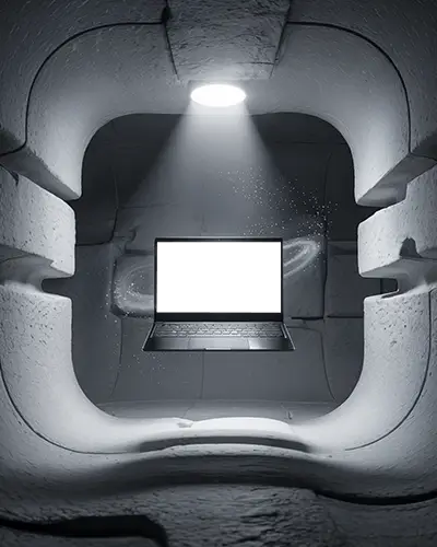 High Tech Laptop Mockup With Virtual Galaxy And Modern Ambient Dark Cave Design