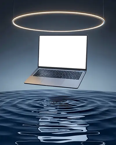 Modern Laptop Mockup Suspended Over Water With Ripples And Ambient Circle Light