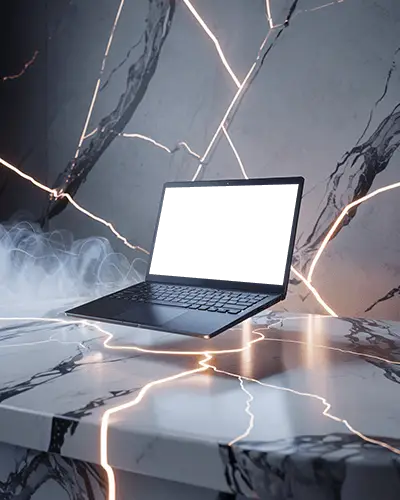 Professional Laptop Mockup With Floating Illusion On Marble Surface Highlighted By Glowing Lines