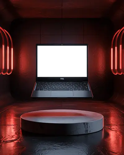 Futuristic Floating Fullscreen Itel Laptop Mockup Display On Modern Glossy Platform Background