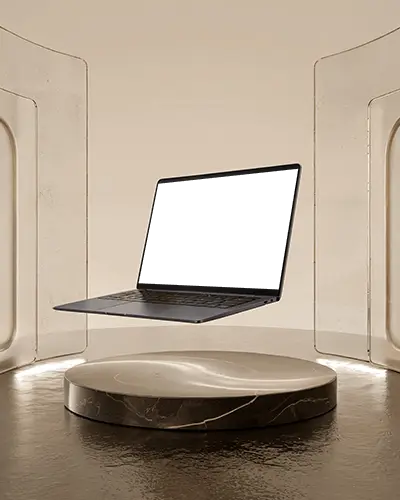High Resolution Minimalist Laptop Mockup Floating Marble Podium In Studio Background