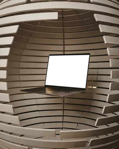 Futuristic Pod Laptop Mockup Floating Mid Air Inside White Spherical Modern Cage Setup