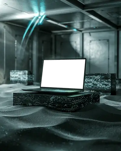 Cyberpunk Laptop Mockup Dark Room Glowing Blue Lights Marble Platform Surreal Sand Floor