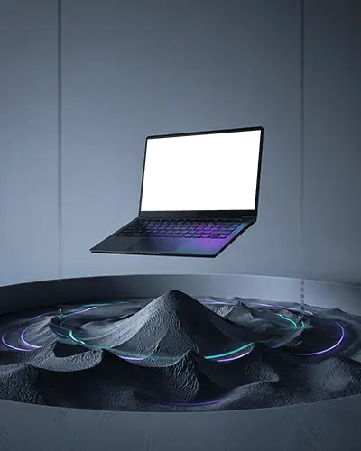 Levitating Laptop Mockup Above Digital Dune Circular Light Rings In Abstract Dark Room