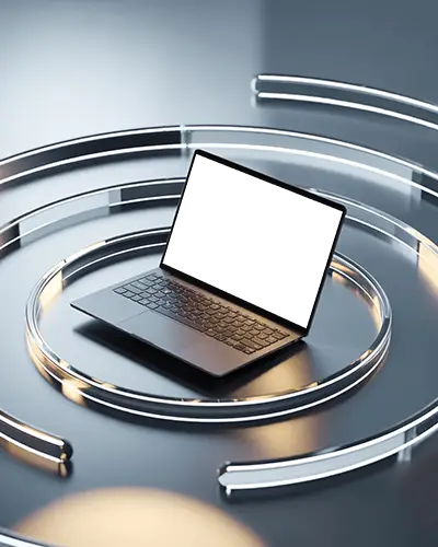Sleek Laptop Mockup Glowing Spiral Light Rings On Reflective Floor Modern Tech Showcase