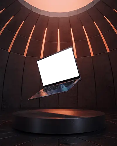 Floating Laptop Mockup In Sci Fi Red Chamber On Dark Circular Podium Under