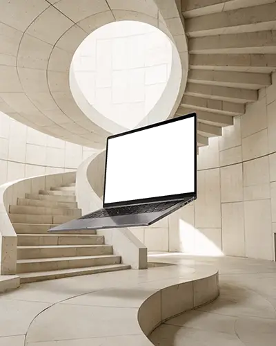 Minimalist Architecture Laptop Mockup Floating In Front Of Modern Curved Staircase