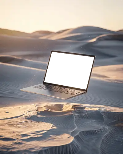 Levitating Laptop Mockup Above Sunset Lit Sand Dunes With Golden Soft Dusty Light