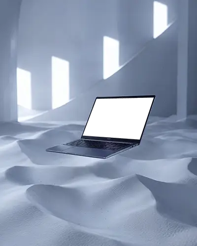 White Sand Dunes Laptop Mockup Minimalist Light Cube Shadows Modern Artistic Scene