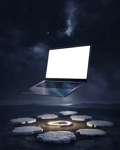 Cosmic Laptop Mockup Floating In Space Above Glowing Symbolic Platform Under Stars