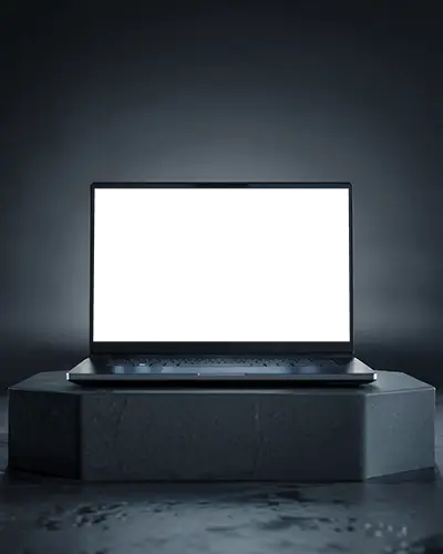 Dark Podium Laptop Mockup Centered On Octagon Stage In Moody Studio Lighting