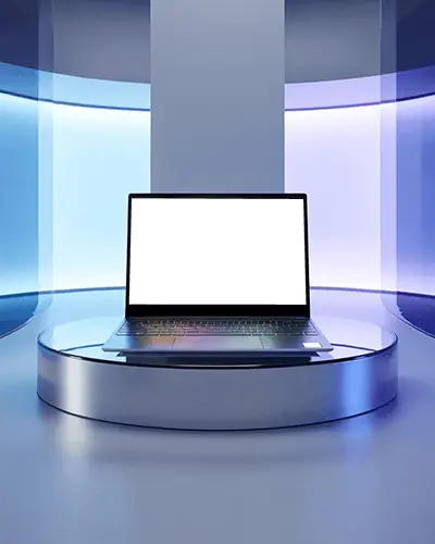Futuristic Lightroom Laptop Mockup On Glass Podium With Gradient Blue Purple Glow