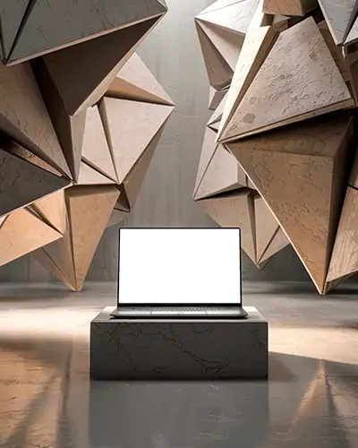 Geometric Sculpture Laptop Mockup On Marble Podium Between Abstract Pyramid Shapes