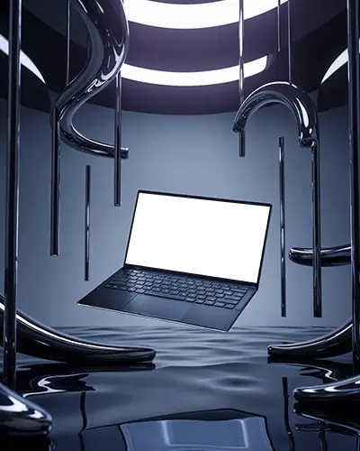 Cyberpunk Laptop Mockup Floating In Liquid Metal Room With Hanging Chrome Tubes