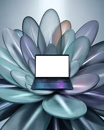 Sleek Laptop Mockup On Abstract Flower Petal Background For Modern Technology Showcase