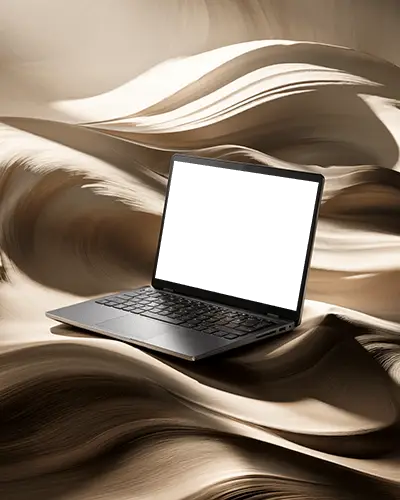 Desert Styled Laptop Mockup Placed On Soft Swirling Sand Dunes Under Studio Light