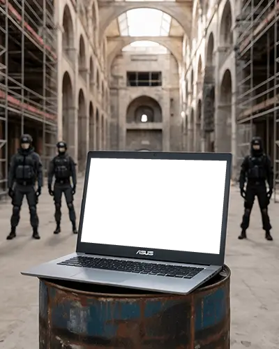 Windows Laptop Mockup On Oil Drum In Abandoned Warehouse With Armed Security Guards