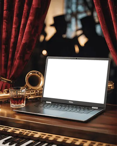 Dell Laptop Mockup On Piano With Saxophone And Glass In Classic Jazz Club Backdrop