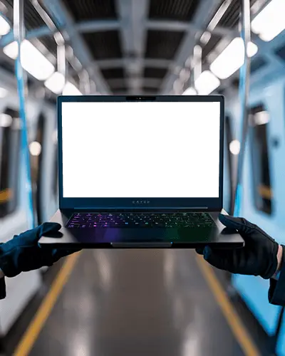 Razer Windows Laptop Mockup Held On Subway Aisle By Gloved Hands In Cinematic Metro Scene