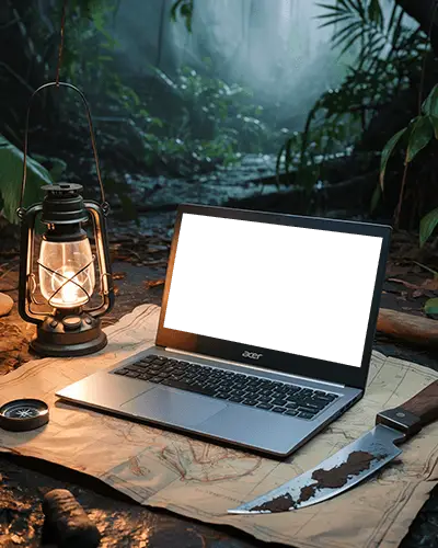 Acer Laptop Mockup In Jungle Camp On Map With Knife Lantern And Survival Compass