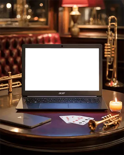 Acer Vintage Jazz Club Laptop Mockup With Trumpets Glowing Candle And Deck Of Cards