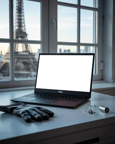 Cinematic Spy Laptop Mockup In Paris Room Overlooking Eiffel Tower And Gloved Tools