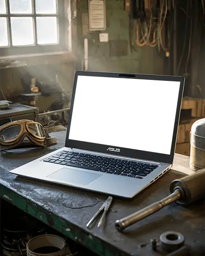 Asus Laptop Mockup On Workbench In Vintage Garage With Tools Goggles And Soft Light