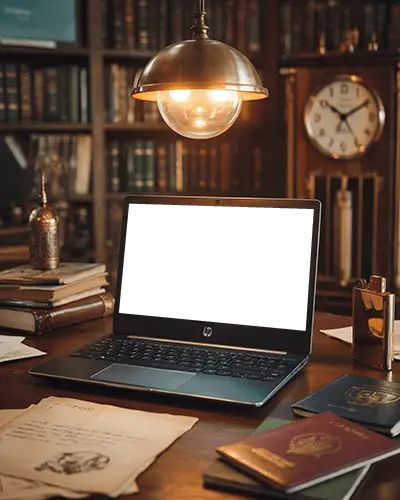 Hp Laptop Mockup In Antique Library With Books Clock Passports And Vintage Documents