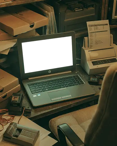 Hp Laptop Mockup In Retro Office Scene With Printer Vintage Tech And Paper Clutter