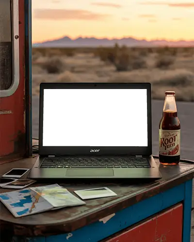 Acer Laptop Mockup On Old Gas Station Counter With Map Root Beer And Desert Sunset
